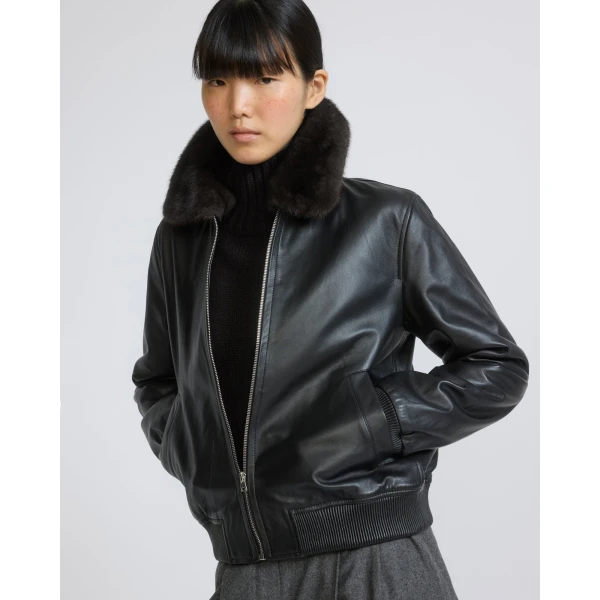 Yves Salomon Lambskin Leather Bomber Jacket with Removable Mink Collar in Black | Leather Jackets | Coveti