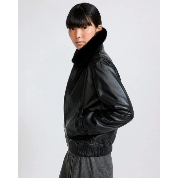 Yves Salomon Lambskin Leather Bomber Jacket with Removable Mink Collar in Black | Leather Jackets | Coveti