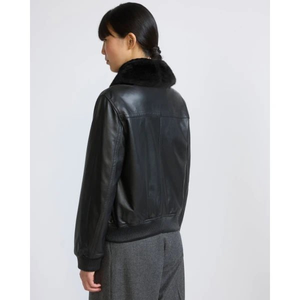 Yves Salomon Lambskin Leather Bomber Jacket with Removable Mink Collar in Black | Leather Jackets | Coveti