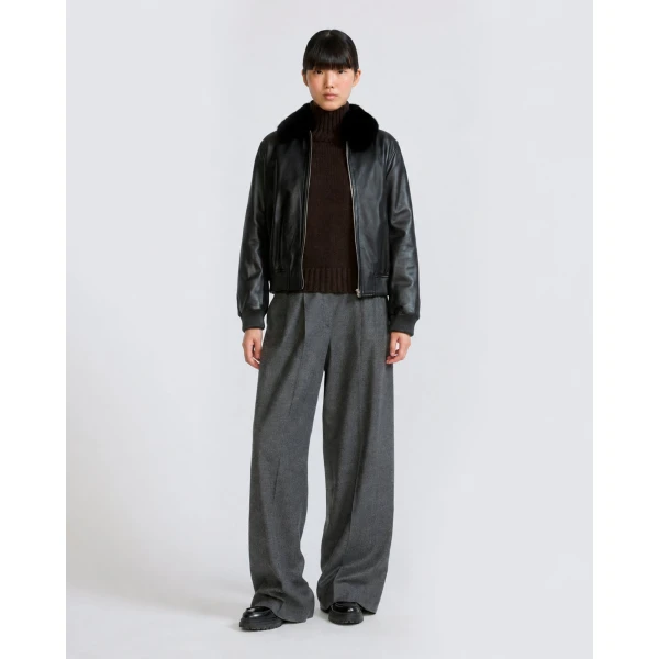 Yves Salomon Lambskin Leather Bomber Jacket with Removable Mink Collar in Black | Leather Jackets | Coveti