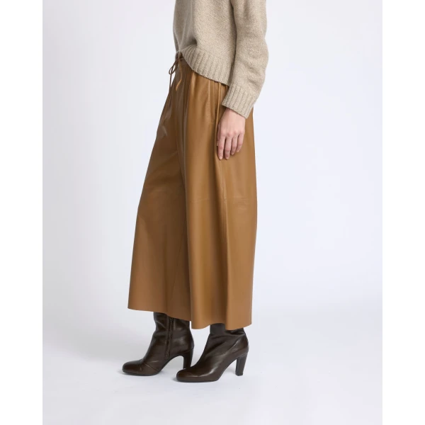 Yves Salomon Lambskin Leather Culottes in Brown | Wide leg pants | Coveti