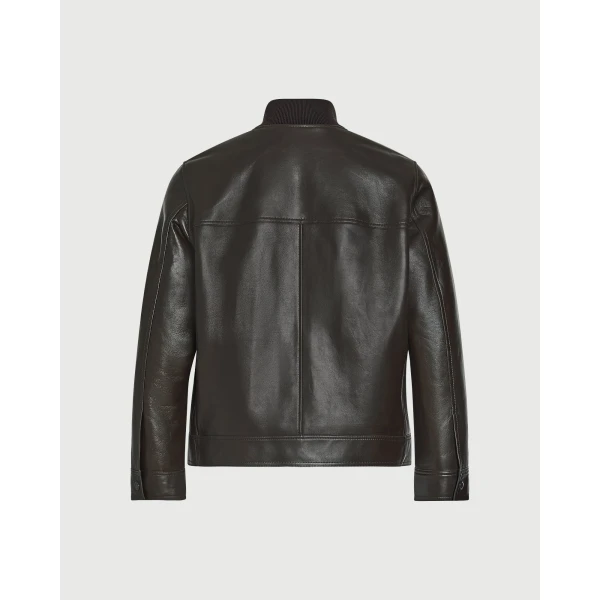 Yves Salomon Lambskin Leather Jacket with Merino Knit Collar in Brown | Men's Jackets | Coveti