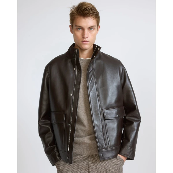Yves Salomon Lambskin Leather Jacket with Merino Knit Collar in Brown | Men's Jackets | Coveti