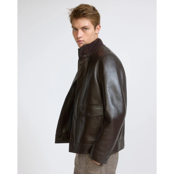 Yves Salomon Lambskin Leather Jacket with Merino Knit Collar in Brown | Men's Jackets | Coveti