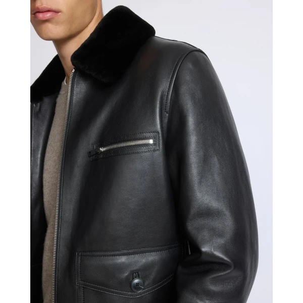 Yves Salomon Lambskin Leather Jacket with Removable Pressed Merino Collar in Black | Men's Jackets | Coveti