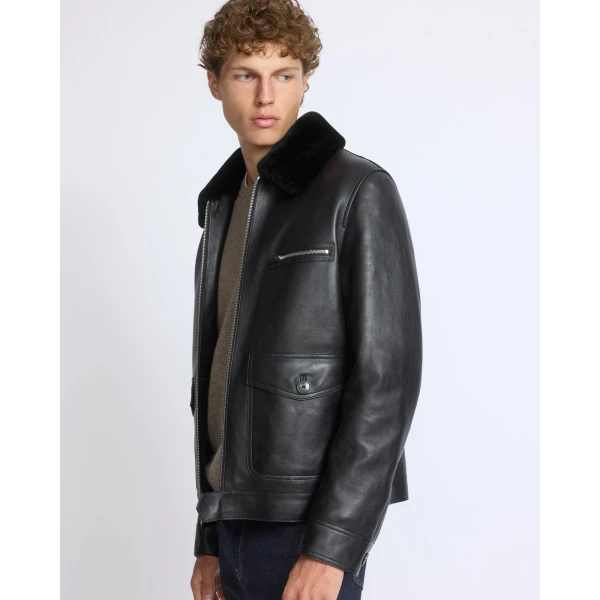 Yves Salomon Lambskin Leather Jacket with Removable Pressed Merino Collar in Black | Men's Jackets | Coveti