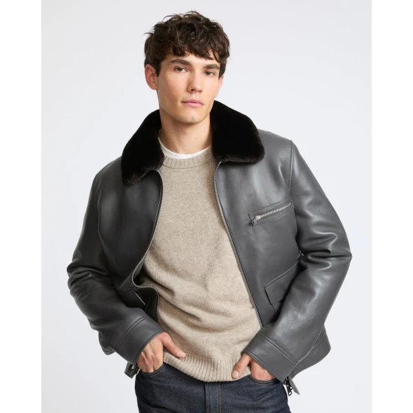 Yves Salomon Lambskin Leather Jacket with Removable Pressed Merino Collar in Grey | Men's Jackets | Coveti