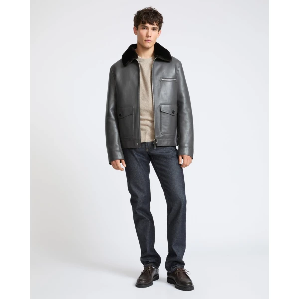 Yves Salomon Lambskin Leather Jacket with Removable Pressed Merino Collar in Grey | Men's Jackets | Coveti