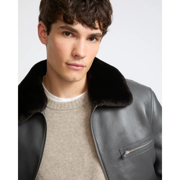 Yves Salomon Lambskin Leather Jacket with Removable Pressed Merino Collar in Grey | Men's Jackets | Coveti