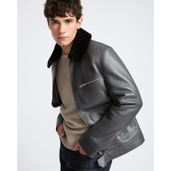 Yves Salomon Lambskin Leather Jacket with Removable Pressed Merino Collar in Grey | Men's Jackets | Coveti