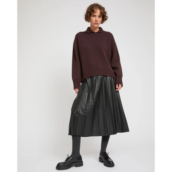 Yves Salomon Lambskin Leather Pleated Skirt in Black | Leather Skirts | Coveti