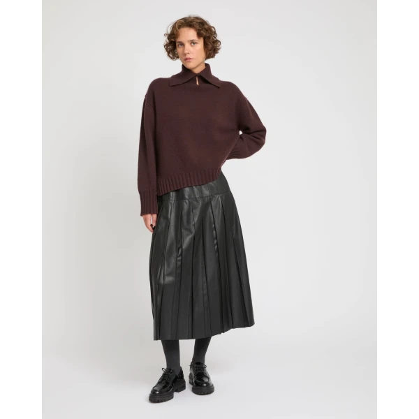Yves Salomon Lambskin Leather Pleated Skirt in Black | Leather Skirts | Coveti