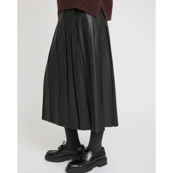 Yves Salomon Lambskin Leather Pleated Skirt in Black | Leather Skirts | Coveti