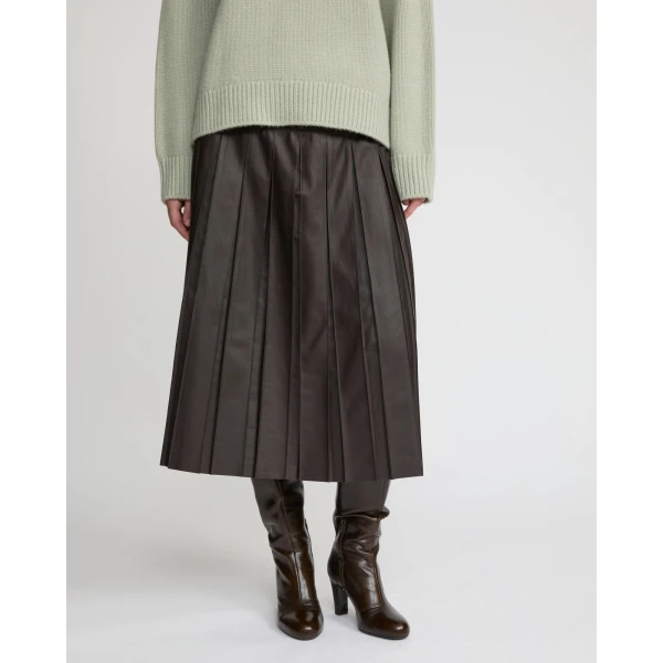 Yves Salomon Lambskin Leather Pleated Skirt in Brown | Leather Skirts | Coveti