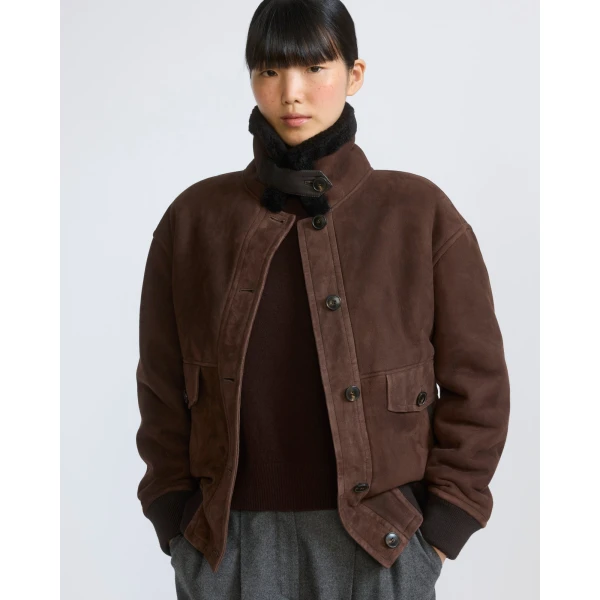 Yves Salomon Lambskin Shearling Bomber Jacket in Brown | Shearling Jackets | Coveti