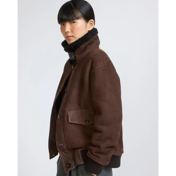 Yves Salomon Lambskin Shearling Bomber Jacket in Brown | Shearling Jackets | Coveti