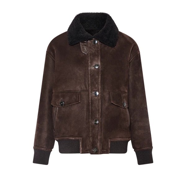 Yves Salomon Lambskin Shearling Bomber Jacket in Brown | Shearling Jackets | Coveti