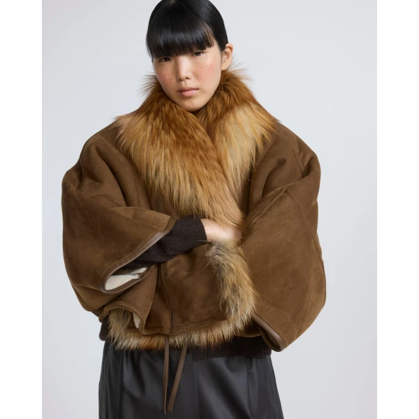Yves Salomon Lambskin Shearling Cape with Fox Fur Collar in Golden Camel | Shearling Coat | Coveti