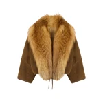 Yves Salomon Lambskin Shearling Cape with Fox Fur Collar in Golden Camel | Shearling Coat | Coveti
