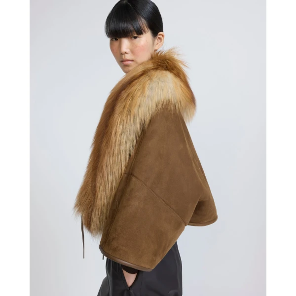 Yves Salomon Lambskin Shearling Cape with Fox Fur Collar in Golden Camel | Shearling Coat | Coveti