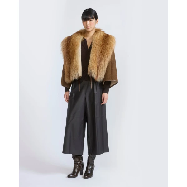 Yves Salomon Lambskin Shearling Cape with Fox Fur Collar in Golden Camel | Shearling Coat | Coveti