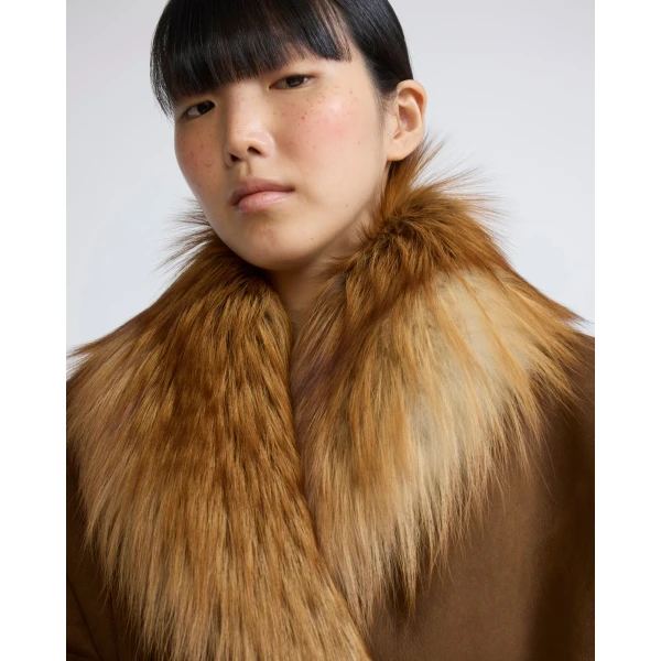 Yves Salomon Lambskin Shearling Cape with Fox Fur Collar in Golden Camel | Shearling Coat | Coveti
