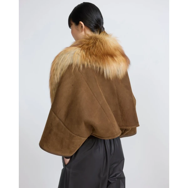 Yves Salomon Lambskin Shearling Cape with Fox Fur Collar in Golden Camel | Shearling Coat | Coveti