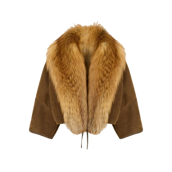 Lambskin Shearling Cape with Fox Fur Collar in Golden Camel