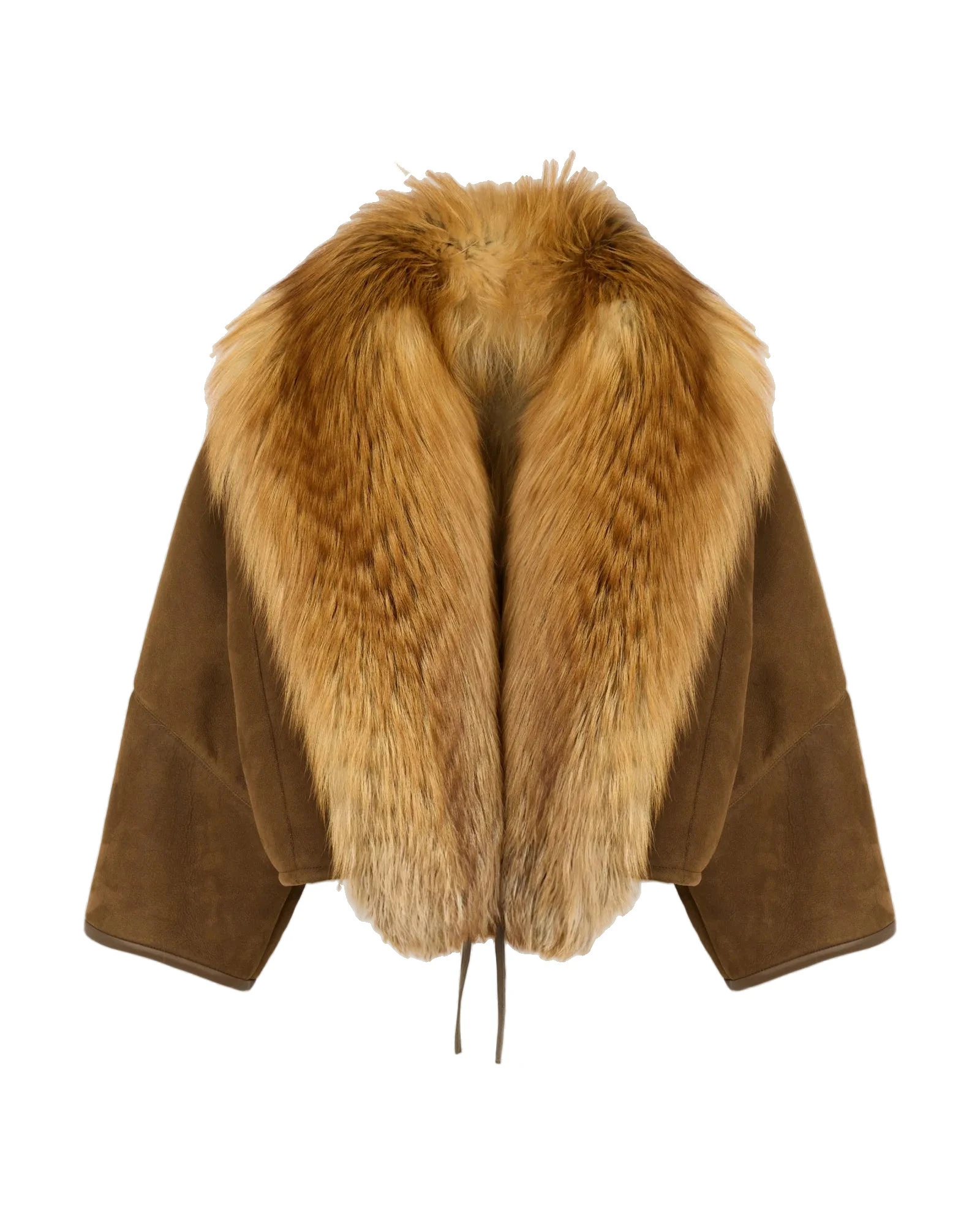 Yves Salomon Lambskin Shearling Cape with Fox Fur Collar in Golden Camel Yves Salomon Lambskin Shearling Cape with Fox Fur Collar in Golden Camel | Shearling Coat | Coveti