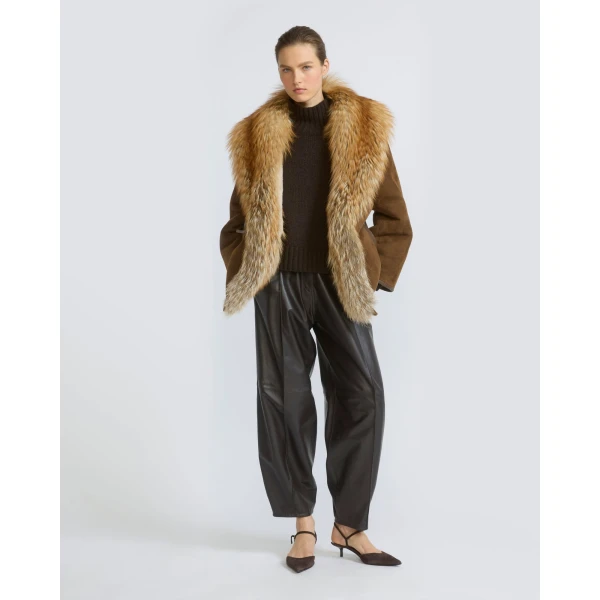 Yves Salomon Lambskin Shearling Coat with Fox Fur Collar in Golden Camel | Shearling Coat | Coveti