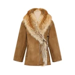 Yves Salomon Lambskin Shearling Coat with Fox Fur Collar in Golden Camel | Shearling Coat | Coveti