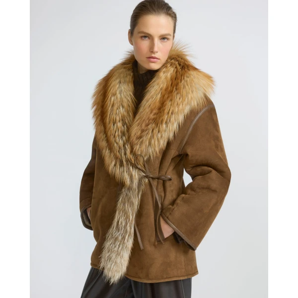 Yves Salomon Lambskin Shearling Coat with Fox Fur Collar in Golden Camel | Shearling Coat | Coveti