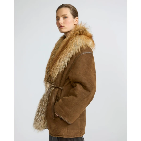 Yves Salomon Lambskin Shearling Coat with Fox Fur Collar in Golden Camel | Shearling Coat | Coveti