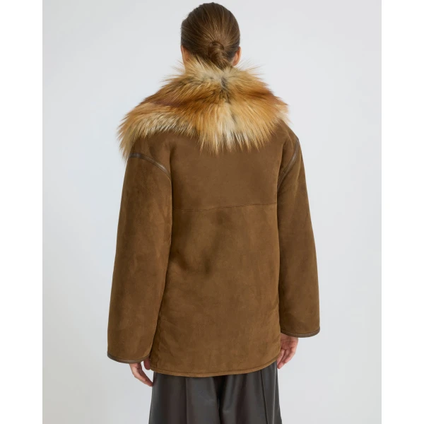 Yves Salomon Lambskin Shearling Coat with Fox Fur Collar in Golden Camel | Shearling Coat | Coveti