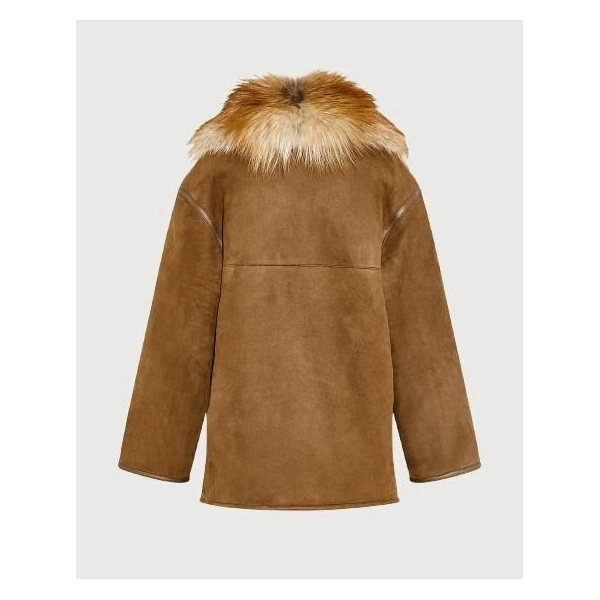 Yves Salomon Lambskin Shearling Coat with Fox Fur Collar in Golden Camel | Shearling Coat | Coveti