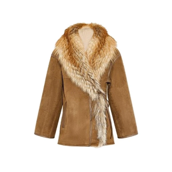 Yves Salomon Lambskin Shearling Coat with Fox Fur Collar in Golden Camel | Shearling Coat | Coveti