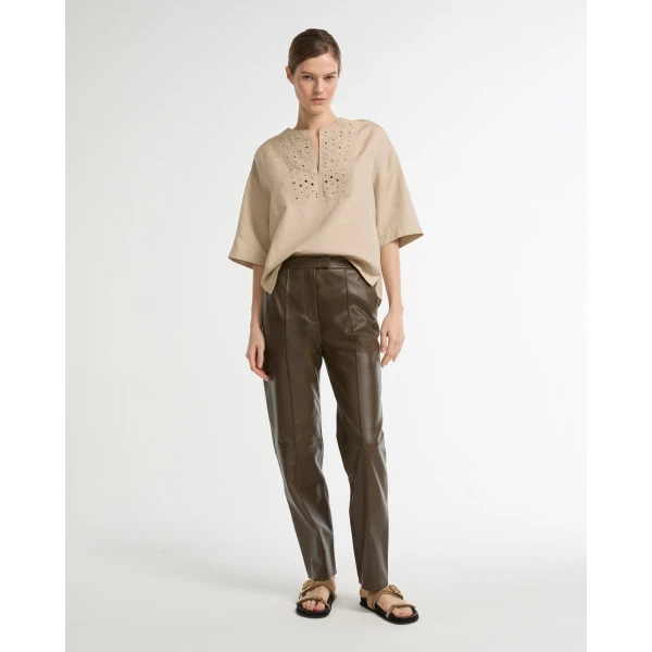 Yves Salomon Leather Tailored Trousers in Green | Tailored pants | Coveti