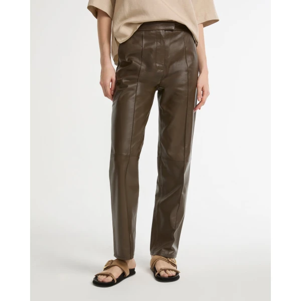 Yves Salomon Leather Tailored Trousers in Green | Tailored pants | Coveti