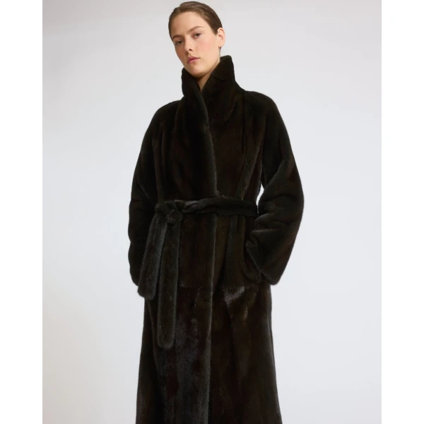 Yves Salomon Long Belted Mink Coat with Shawl Collar in Green | Mink Coats | Coveti