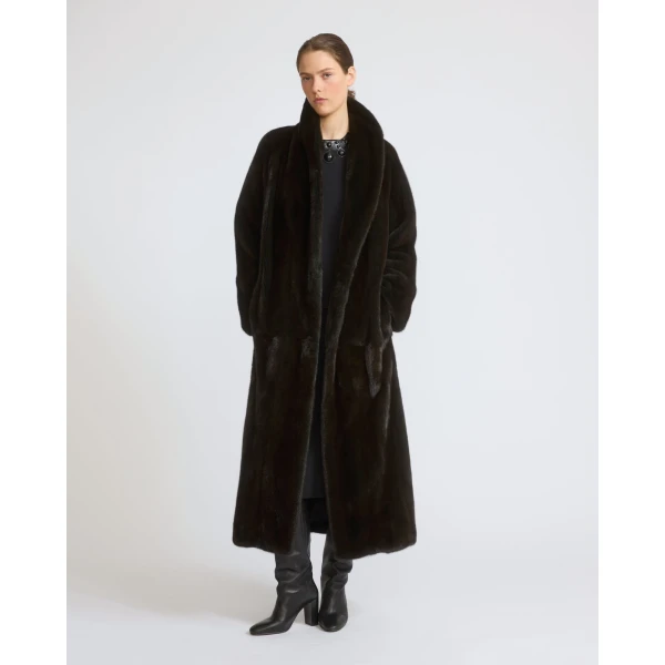 Yves Salomon Long Belted Mink Coat with Shawl Collar in Green | Mink Coats | Coveti