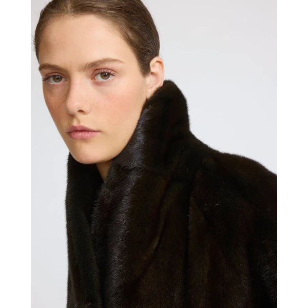 Yves Salomon Long Belted Mink Coat with Shawl Collar in Green | Mink Coats | Coveti