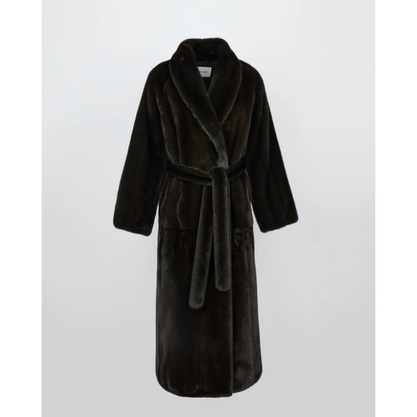 Yves Salomon Long Belted Mink Coat with Shawl Collar in Green | Mink Coats | Coveti