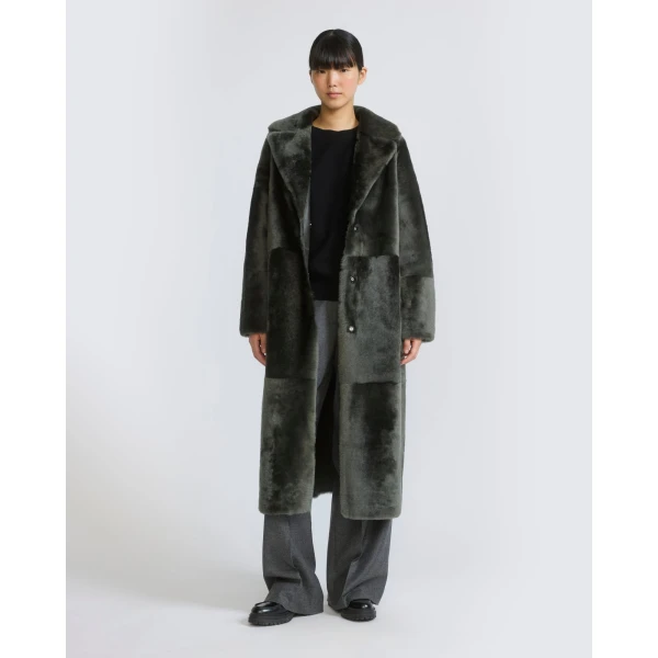 Yves Salomon Long Belted Reversible Lambskin Shearling Coat in Dark Green | Shearling Coat | Coveti
