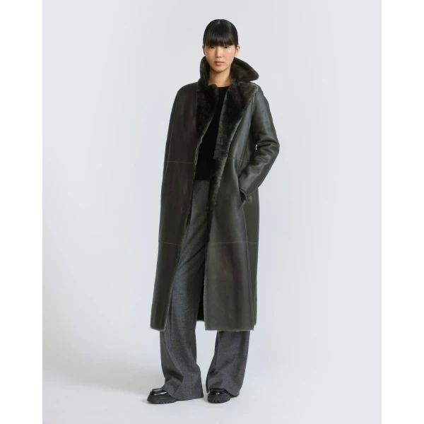 Yves Salomon Long Belted Reversible Lambskin Shearling Coat in Dark Green | Shearling Coat | Coveti
