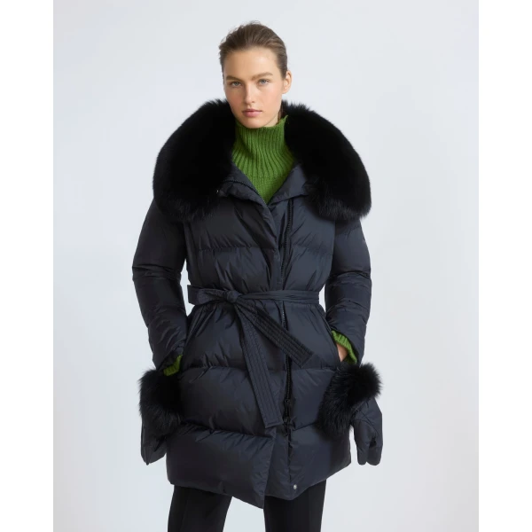 Yves Salomon Long Belted Waterproof Down Jacket with Fox Fur Trim in Black | Coats | Coveti