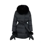 Yves Salomon Long Belted Waterproof Down Jacket with Fox Fur Trim in Black | Coats | Coveti