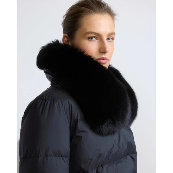 Yves Salomon Long Belted Waterproof Down Jacket with Fox Fur Trim in Black | Coats | Coveti