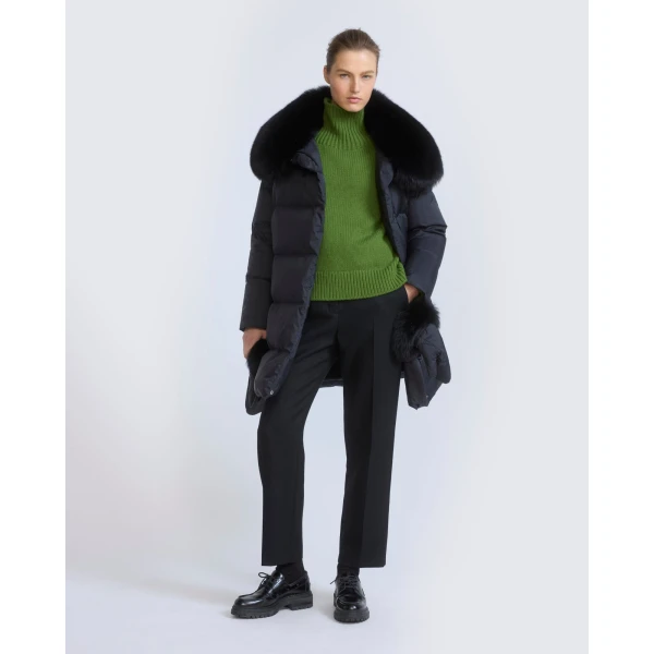 Yves Salomon Long Belted Waterproof Down Jacket with Fox Fur Trim in Black | Coats | Coveti