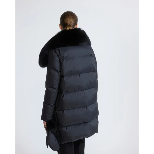 Yves Salomon Long Belted Waterproof Down Jacket with Fox Fur Trim in Black | Coats | Coveti