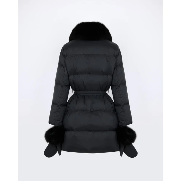 Yves Salomon Long Belted Waterproof Down Jacket with Fox Fur Trim in Black | Coats | Coveti